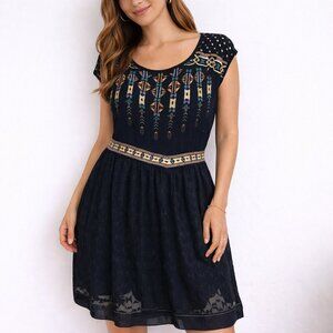 Anthro One September Calliope Dress L Embroidered Boho Navy Midi